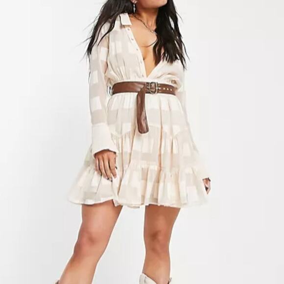 New ~ ASOS ~ Jacquard Check Plunge Neck Mini Dress With Belt 2 ~ ADORABLE - Picture 2 of 9